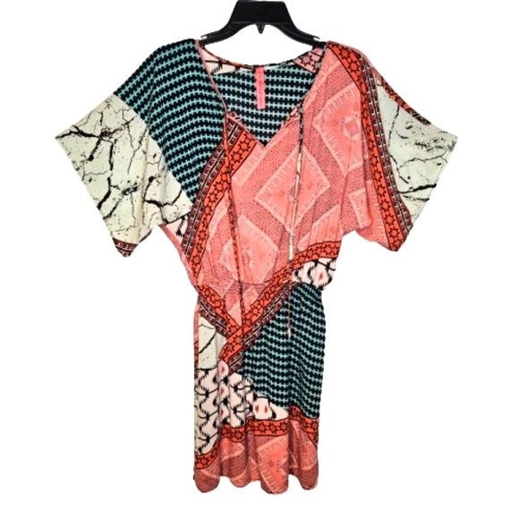 Womens Multicolored Mix Pattern Tie V-Neck Smocked Waist Mini Spring Dress M - Picture 10 of 11